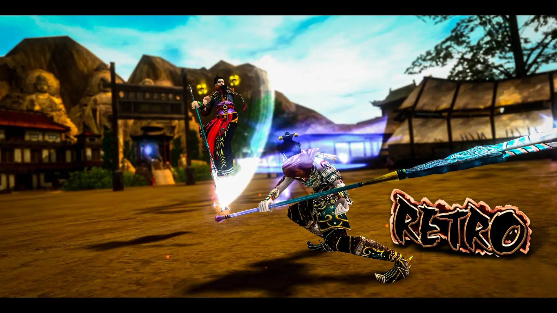 Spear duel in front of the ancient town gates and Buddha statues