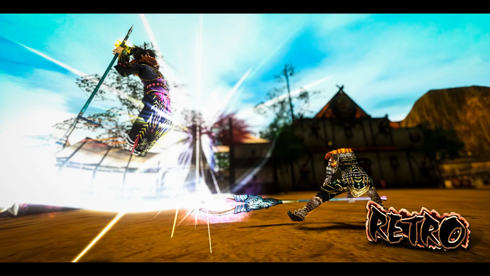In-game PVP duel in the desert arena with the Retro logo